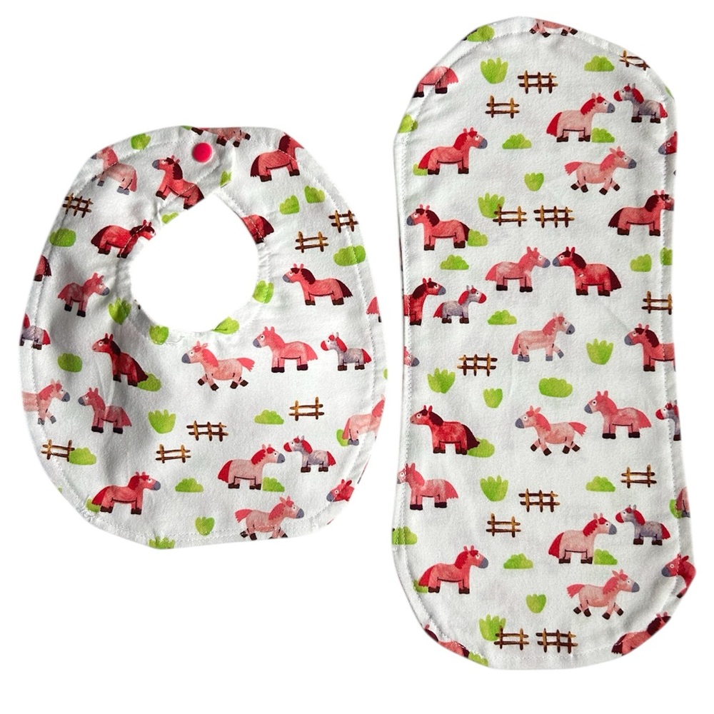 Hand Crafted Newborn Baby Bib and Burp Cloth Gift Set Pink Pony Print